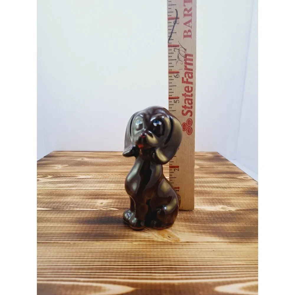 Vintage Dog Figurine Brown Glazed With Big Eyes 5